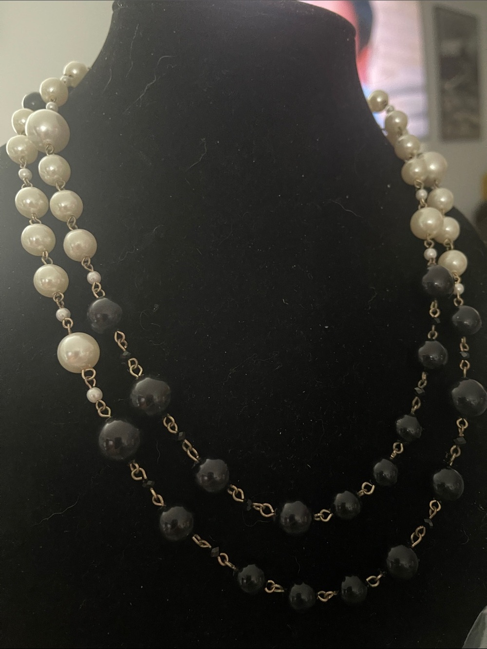 Classic Faux Pearl and Black Bead Layered Necklace - Unbranded